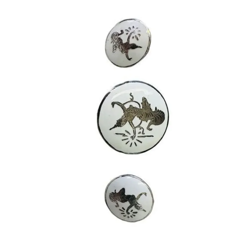SIAM Demi-Parure Sterling Silver White Enamel Niello Dancer Brooch‎ & Earrings